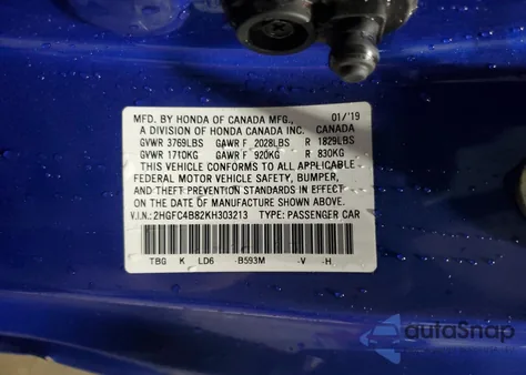 2019 Honda Civic Sport из США, поврежденный, VIN 2HGFC4B82KH303213